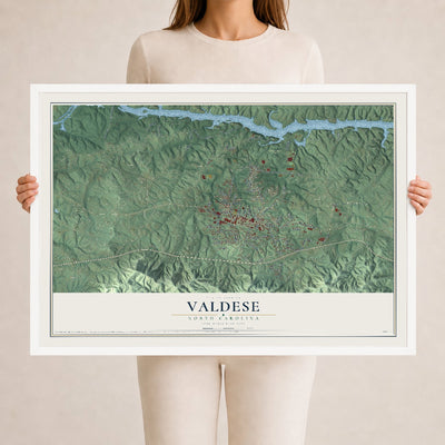 Map of Valdese, North Carolina, 24 x 36 inch print in a white wood frame