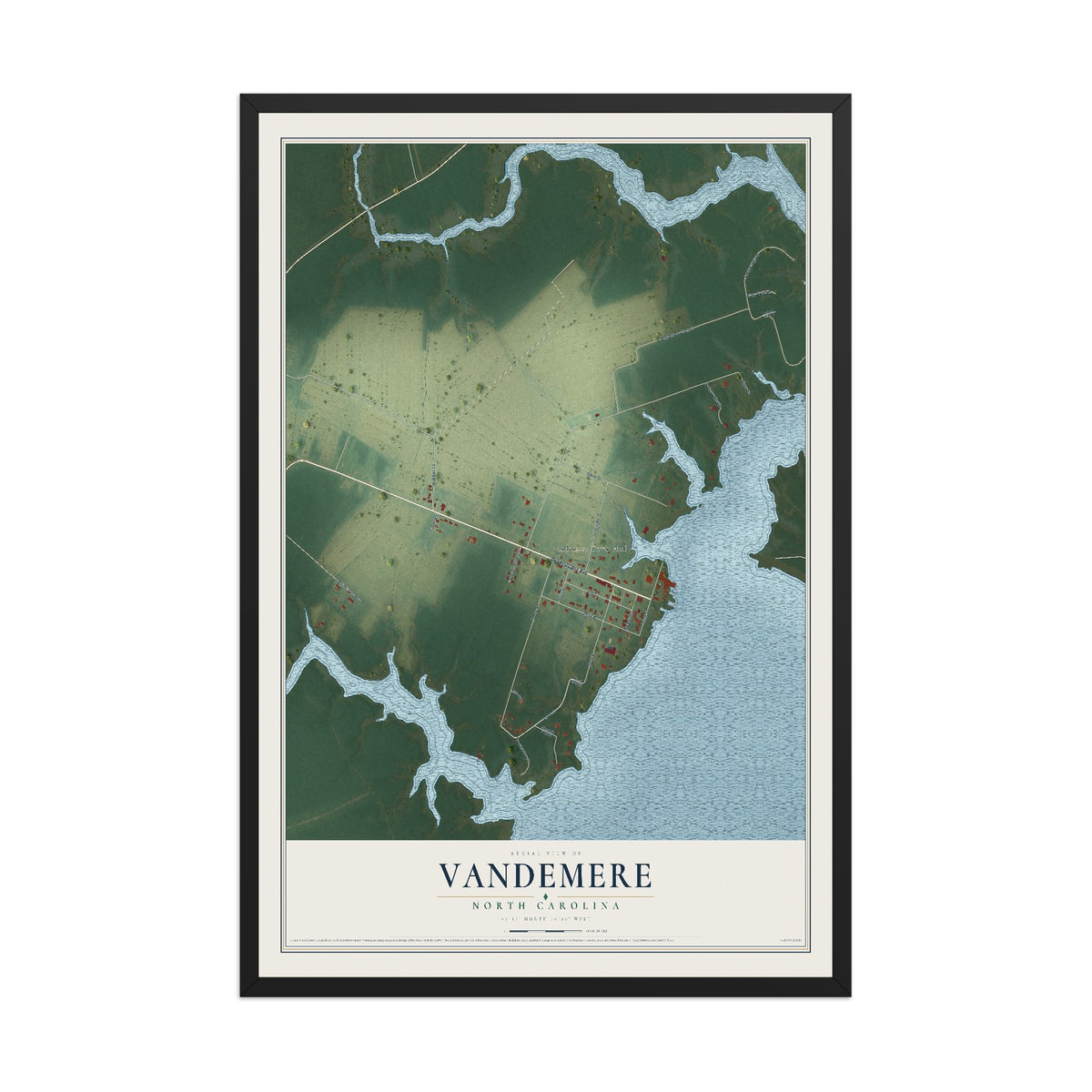 Map of Vandemere, North Carolina, 12 x 18 inch print in a black wood frame