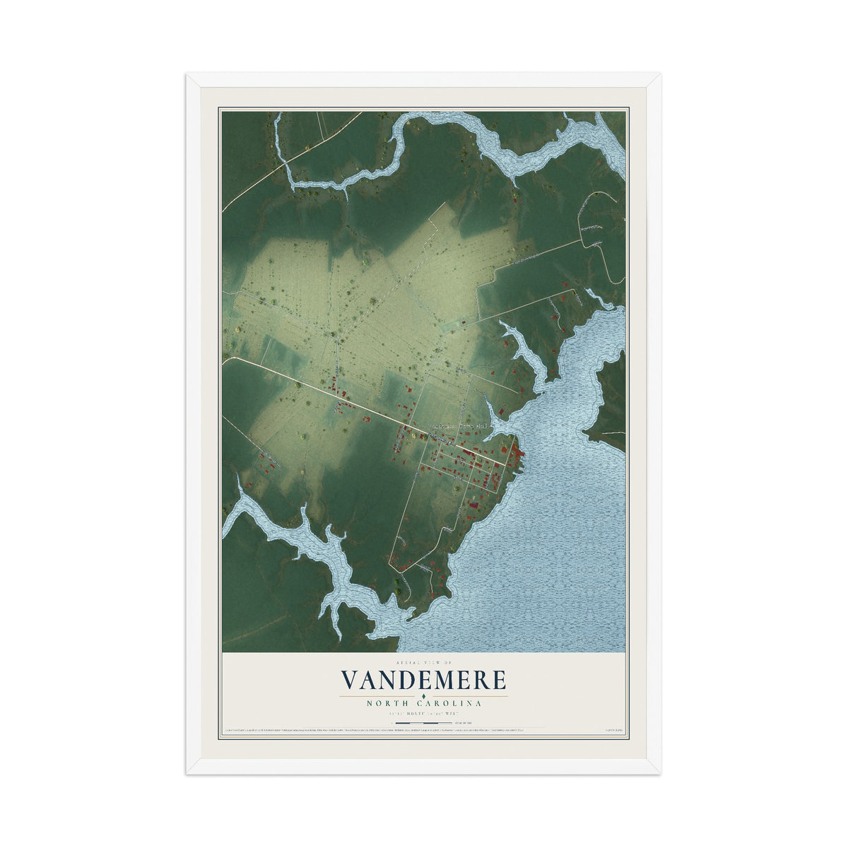 Map of Vandemere, North Carolina, 12 x 18 inch print in a white wood frame