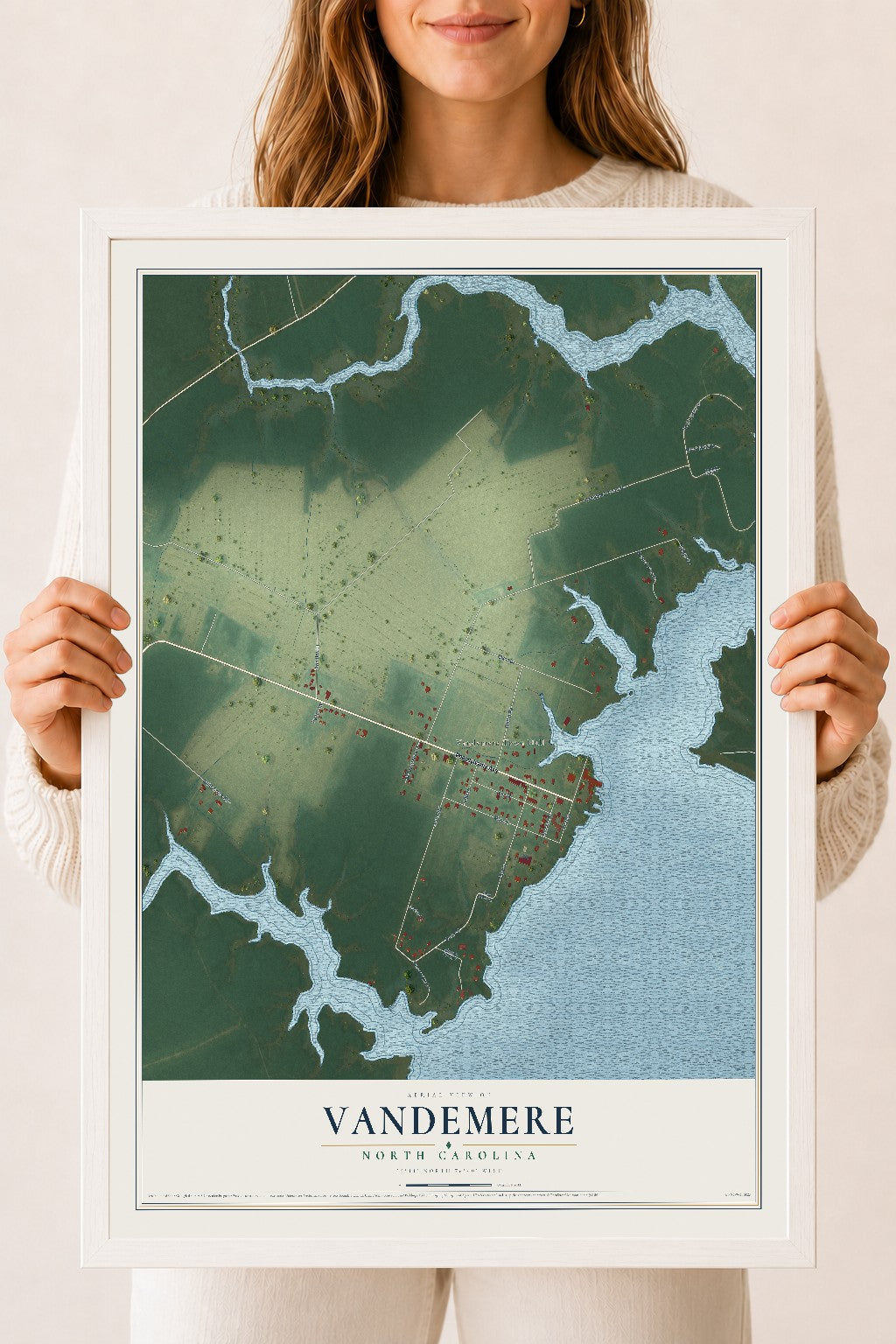 Map of Vandemere, North Carolina, 18 x 24 inch print in a white wood frame