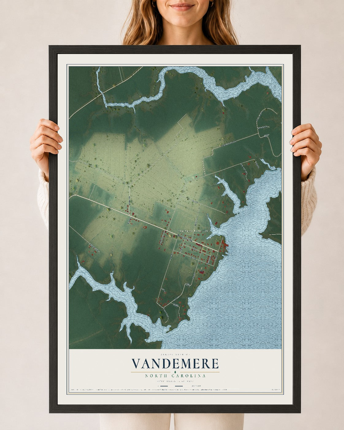 Map of Vandemere, North Carolina, 24 x 36 inch print in a black wood frame