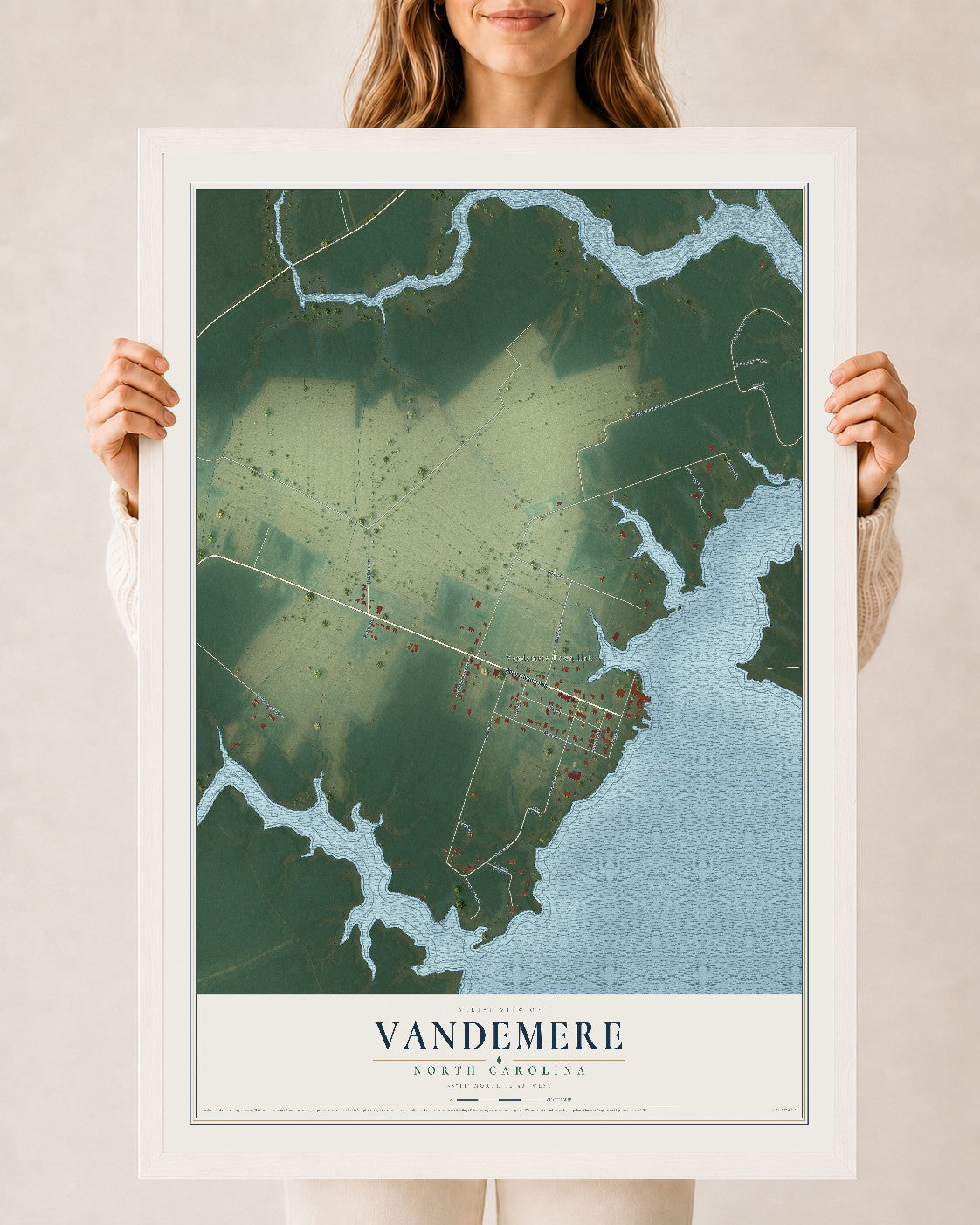 Map of Vandemere, North Carolina, 24 x 36 inch print in a white wood frame
