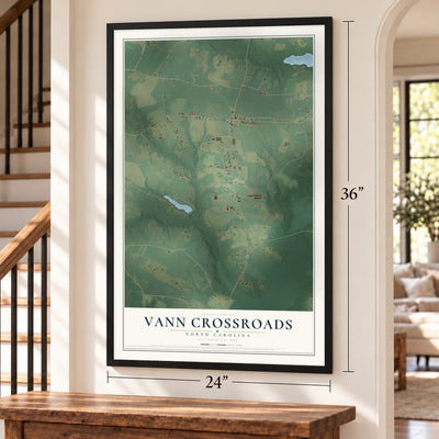 Vann Crossroads, North Carolina map, 24 x 36 inch print in a black frame by a staircase