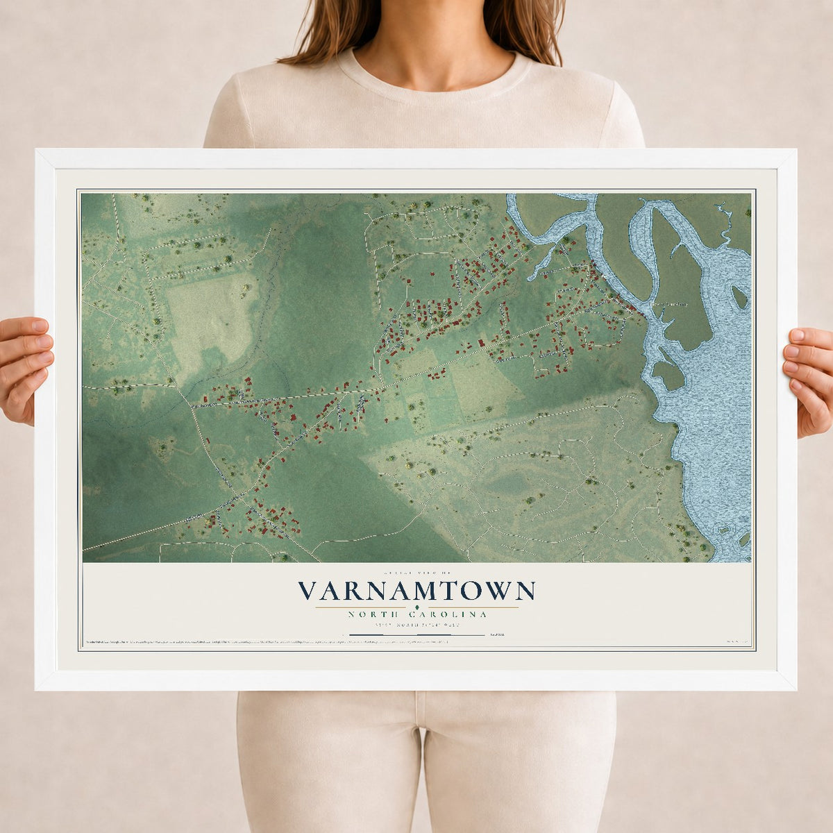 Map of Varnamtown, North Carolina, 18 x 24 inch print in a white wood frame