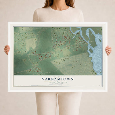 Map of Varnamtown, North Carolina, 24 x 36 inch print in a white wood frame
