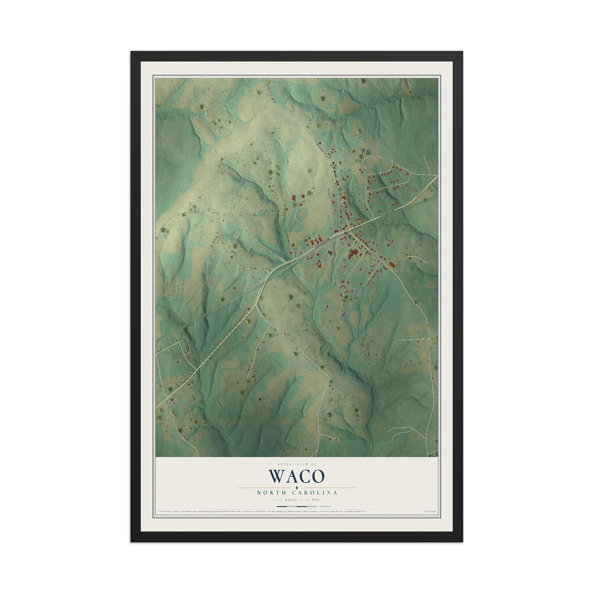 Map of Waco, North Carolina, 12 x 18 inch print in a black wood frame