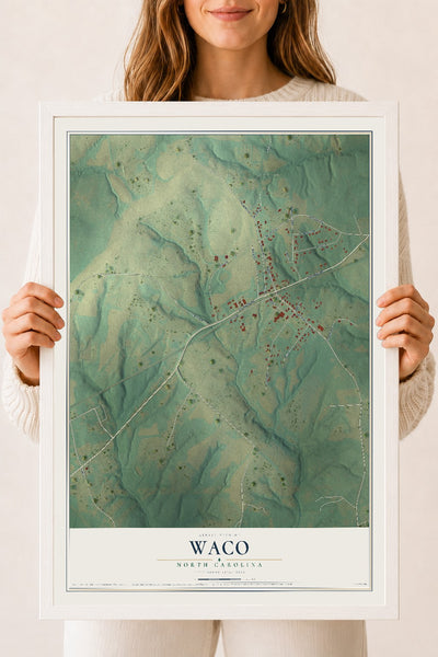 Map of Waco, North Carolina, 18 x 24 inch print in a white wood frame