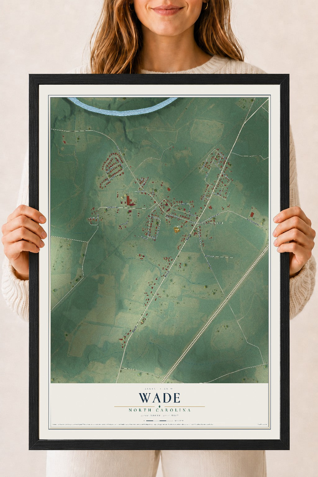 Map of Wade, North Carolina, 18 x 24 inch print in a black wood frame