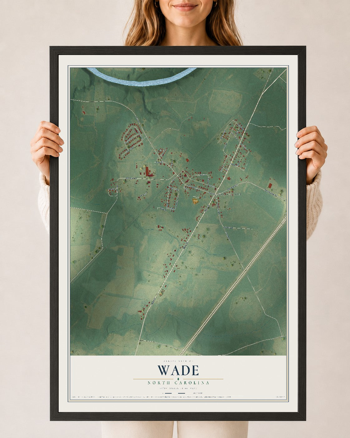 Map of Wade, North Carolina, 24 x 36 inch print in a black wood frame