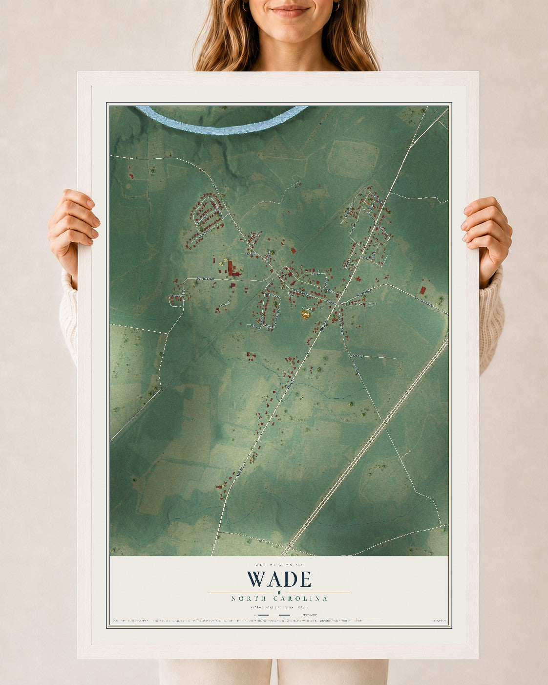 Map of Wade, North Carolina, 24 x 36 inch print in a white wood frame