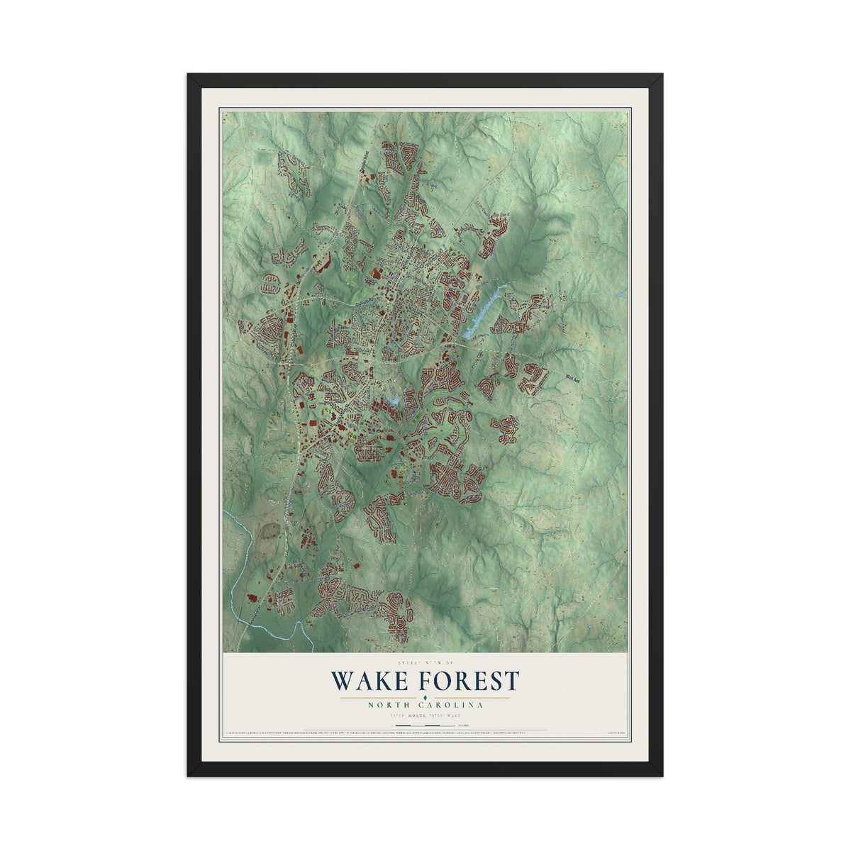 Map of Wake Forest, North Carolina, 12 x 18 inch print in a black wood frame