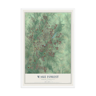Map of Wake Forest, North Carolina, 12 x 18 inch print in a white wood frame