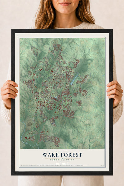 Map of Wake Forest, North Carolina, 18 x 24 inch print in a black wood frame