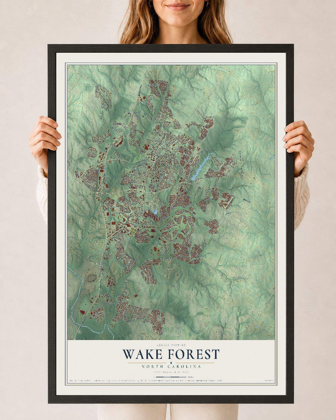 Map of Wake Forest, North Carolina, 24 x 36 inch print in a black wood frame
