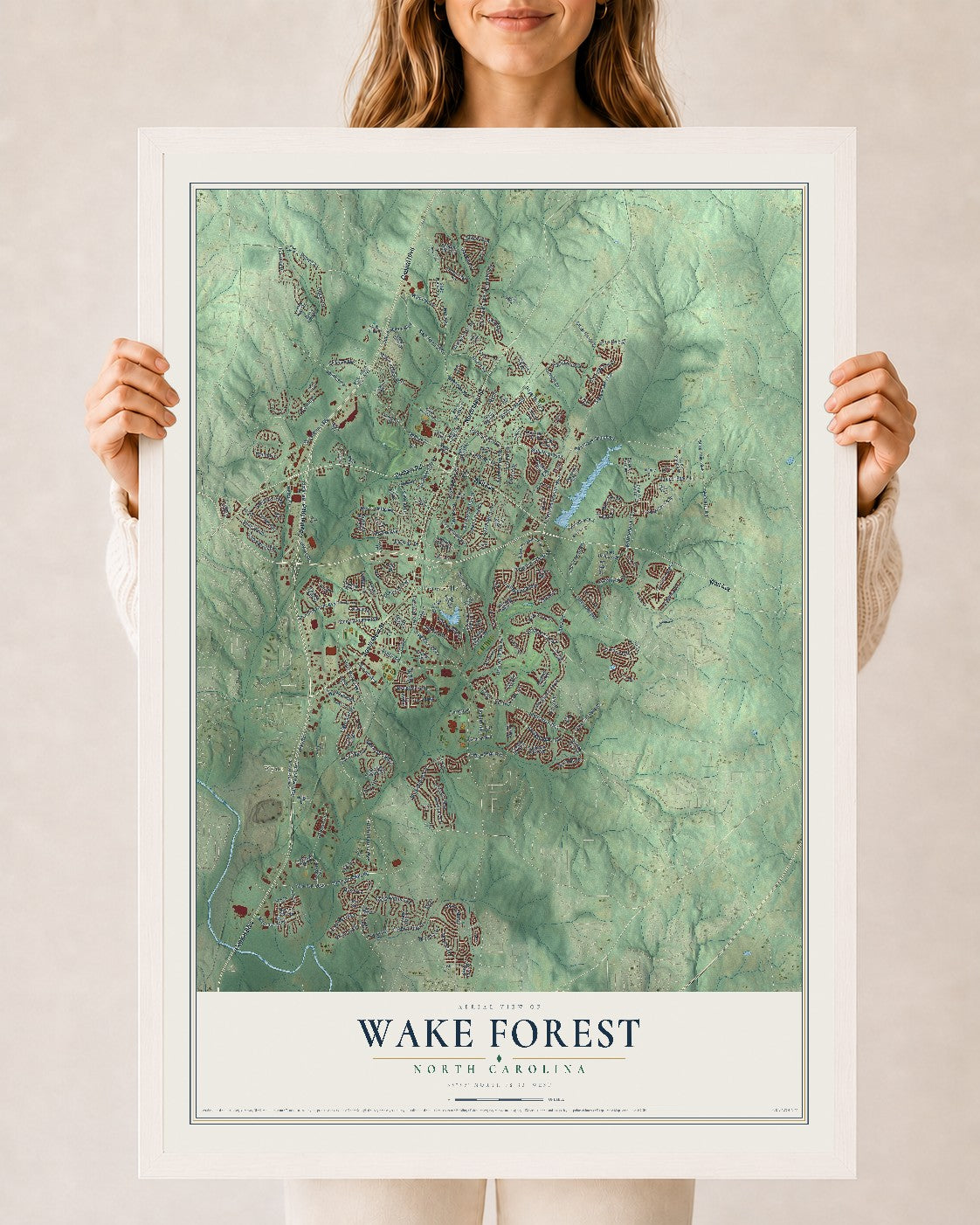 Map of Wake Forest, North Carolina, 24 x 36 inch print in a white wood frame