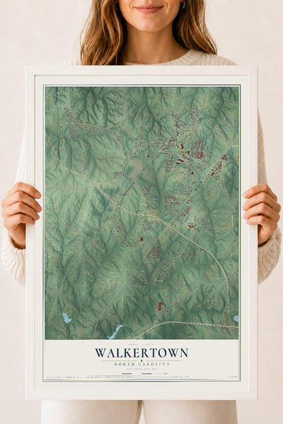 Map of Walkertown, North Carolina, 18 x 24 inch print in a white wood frame