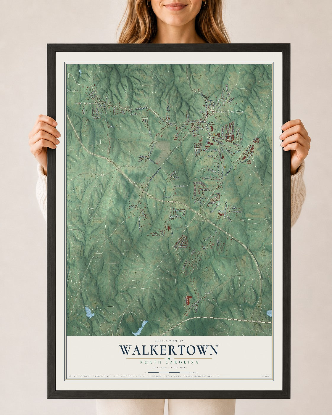 Map of Walkertown, North Carolina, 24 x 36 inch print in a black wood frame