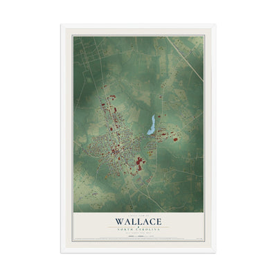 Map of Wallace, North Carolina, 12 x 18 inch print in a white wood frame