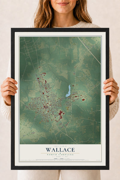 Map of Wallace, North Carolina, 18 x 24 inch print in a black wood frame
