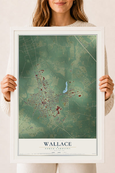 Map of Wallace, North Carolina, 18 x 24 inch print in a white wood frame