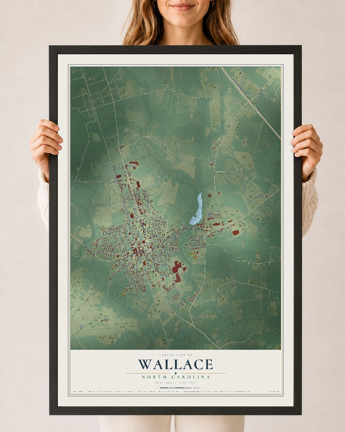 Map of Wallace, North Carolina, 24 x 36 inch print in a black wood frame