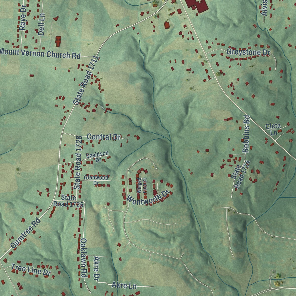 Close-up of the map of Wallburg, North Carolina print showing street and building detail