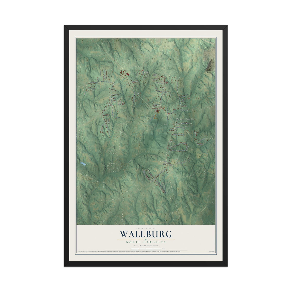 Map of Wallburg, North Carolina, 12 x 18 inch print in a black wood frame