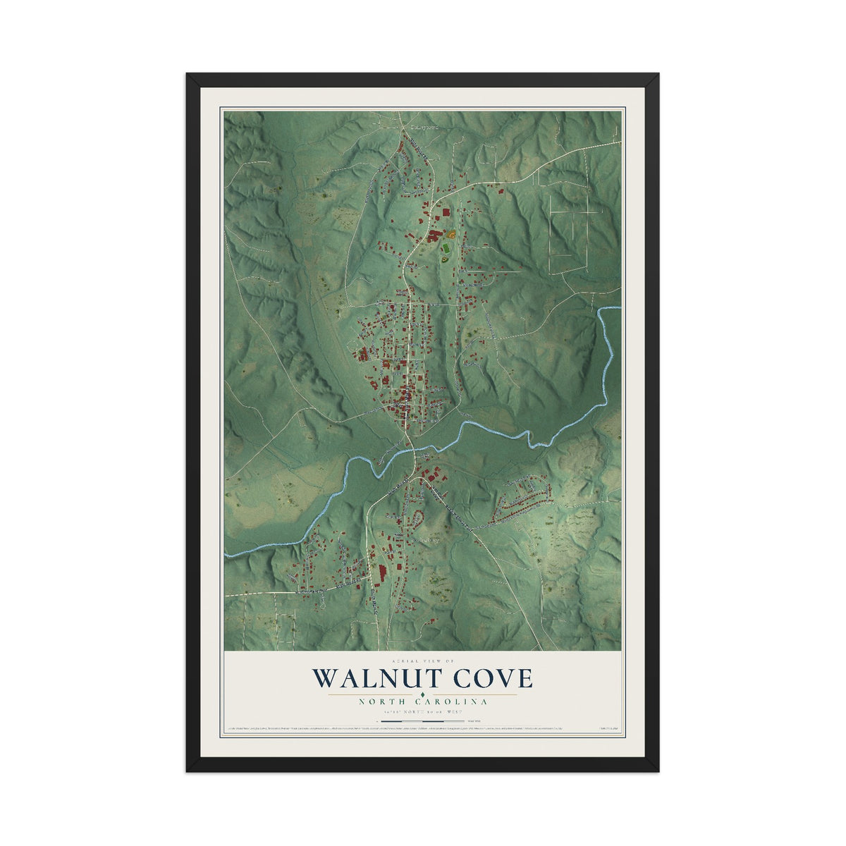 Map of Walnut Cove, North Carolina, 12 x 18 inch print in a black wood frame