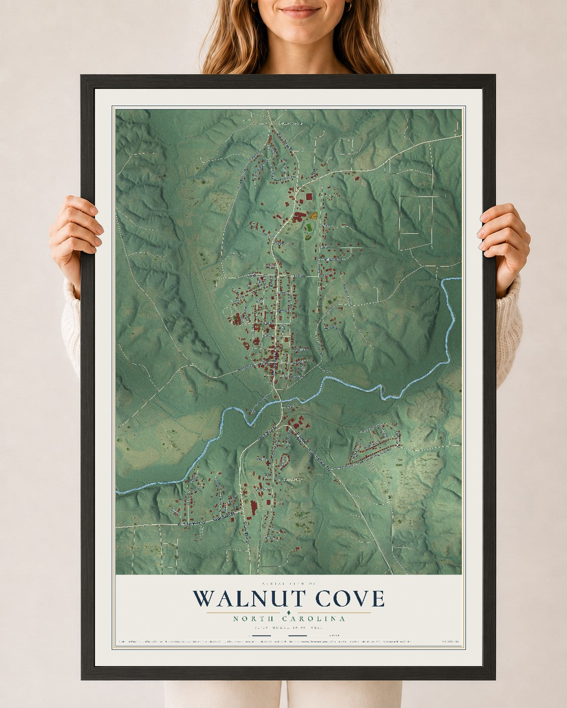Map of Walnut Cove, North Carolina, 24 x 36 inch print in a black wood frame
