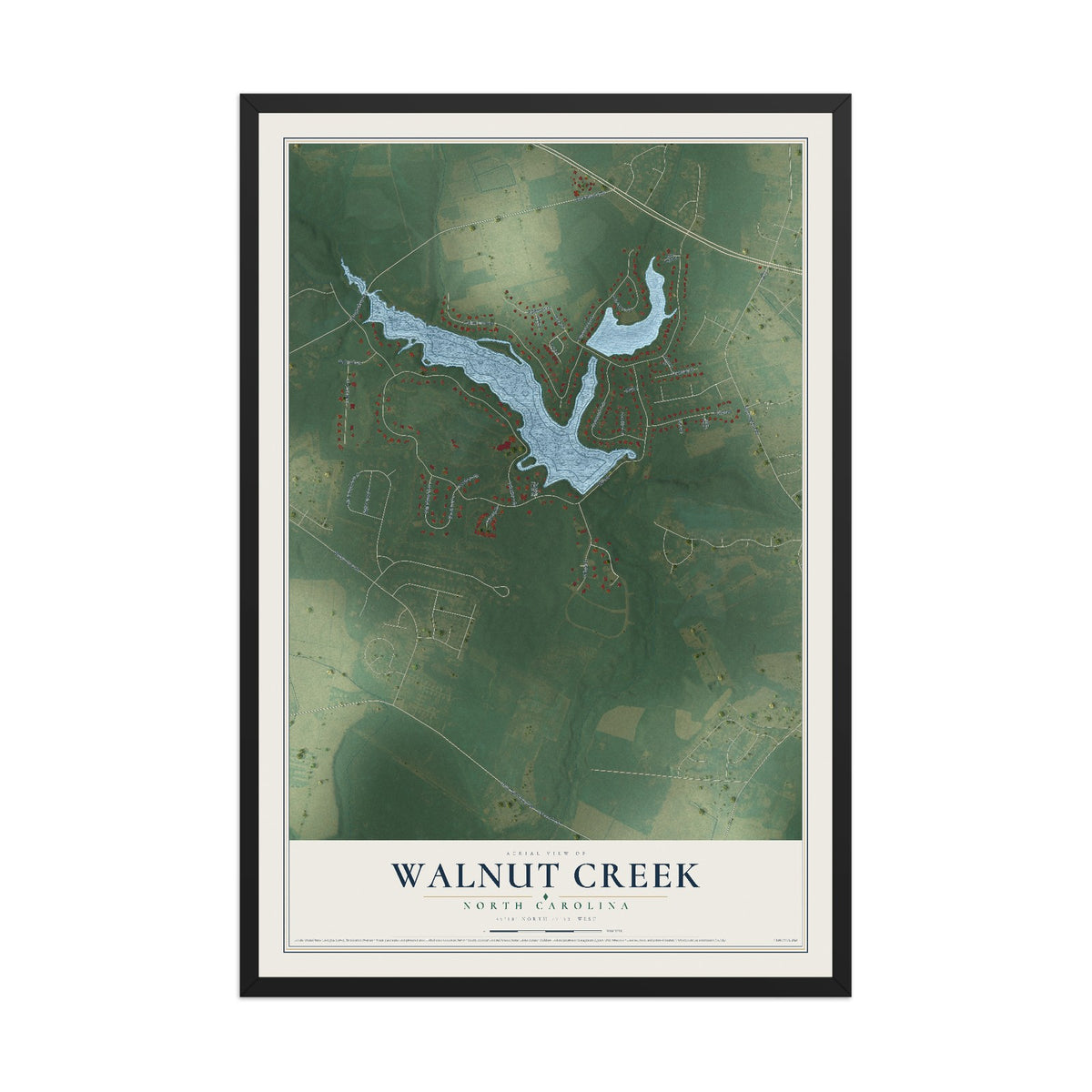 Map of Walnut Creek, North Carolina, 12 x 18 inch print in a black wood frame