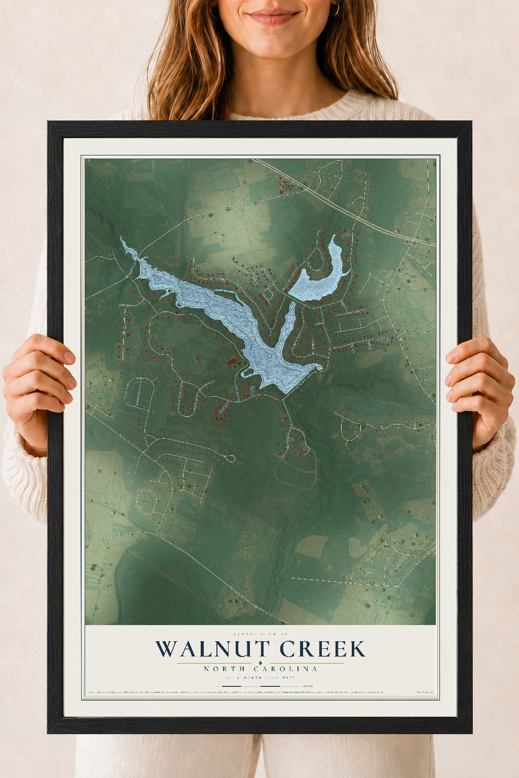 Map of Walnut Creek, North Carolina, 18 x 24 inch print in a black wood frame