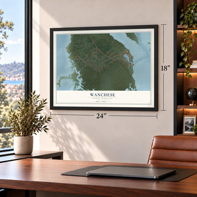 Wanchese, North Carolina map, 18 x 24 inch print in a black frame in a home office