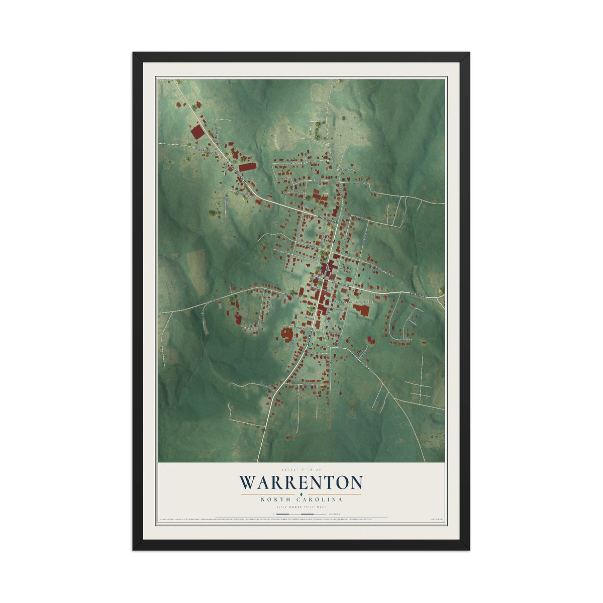 Map of Warrenton, North Carolina, 12 x 18 inch print in a black wood frame
