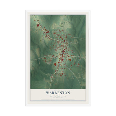 Map of Warrenton, North Carolina, 12 x 18 inch print in a white wood frame