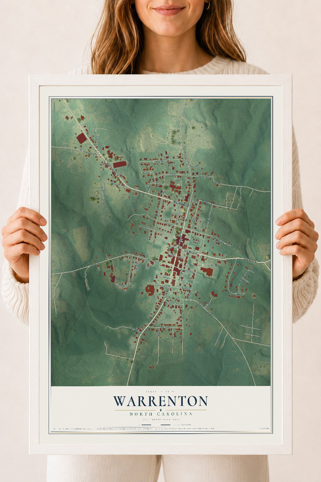 Map of Warrenton, North Carolina, 18 x 24 inch print in a white wood frame