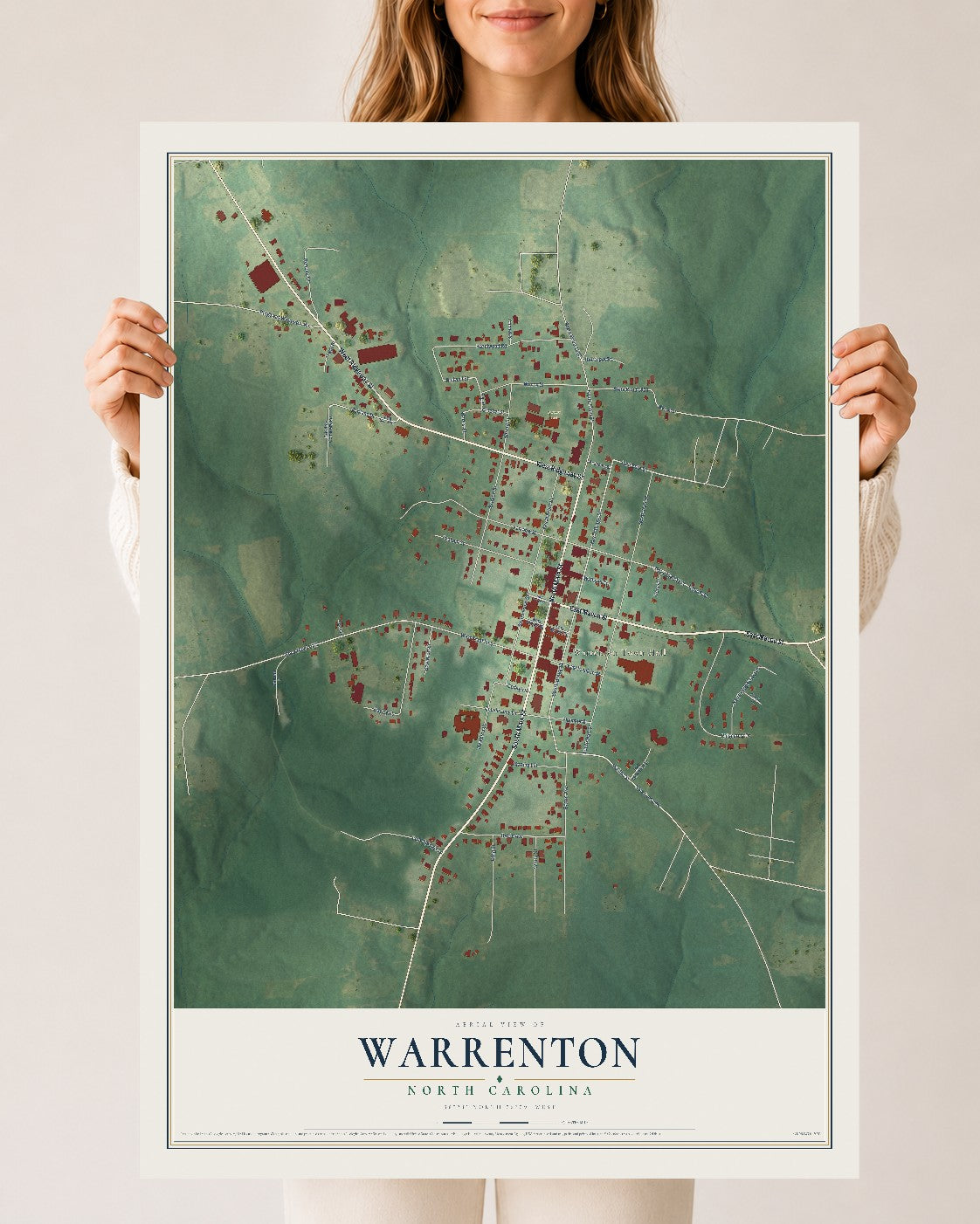 Map of Warrenton, North Carolina, 24 x 36 inch unframed archival matte print