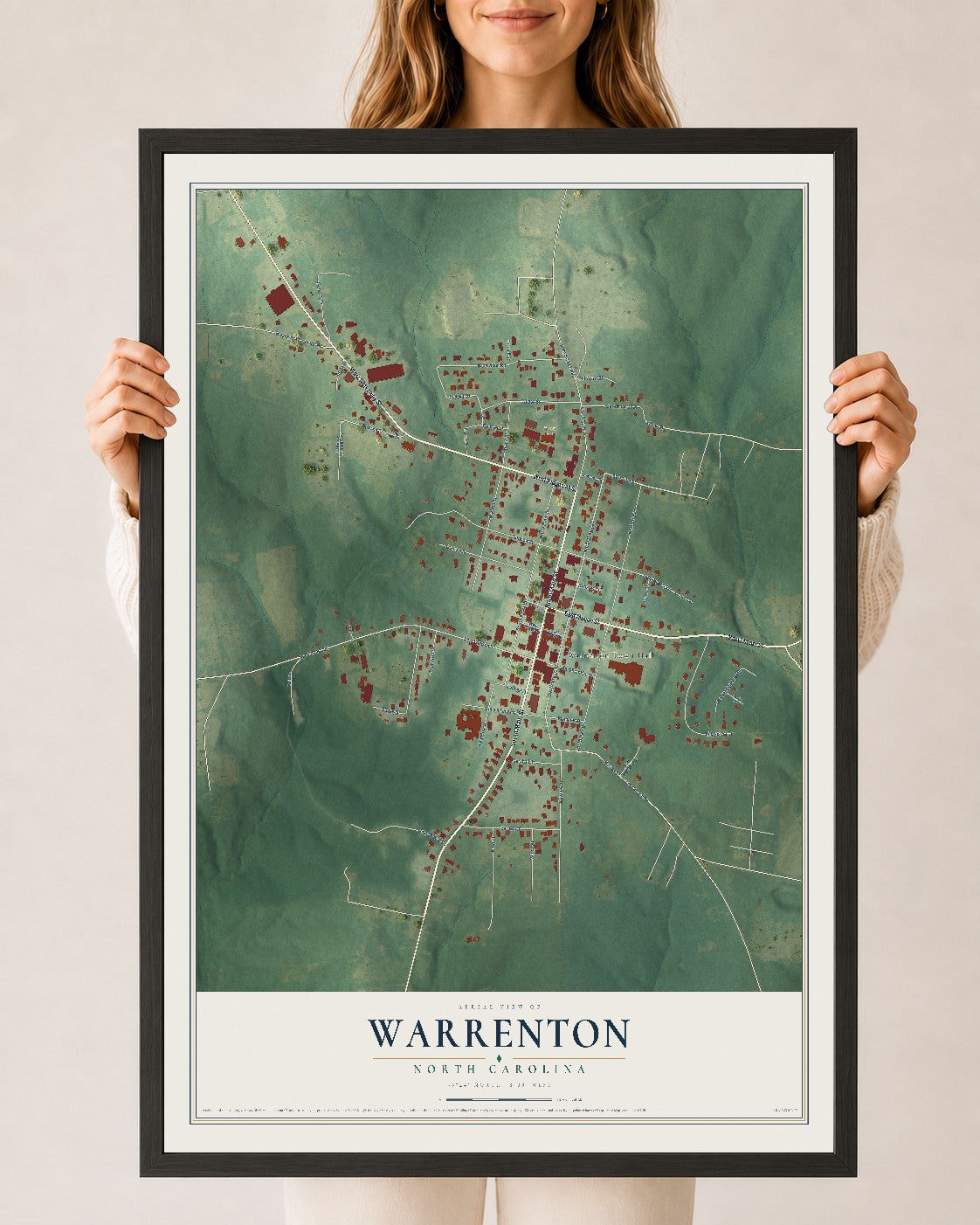 Map of Warrenton, North Carolina, 24 x 36 inch print in a black wood frame