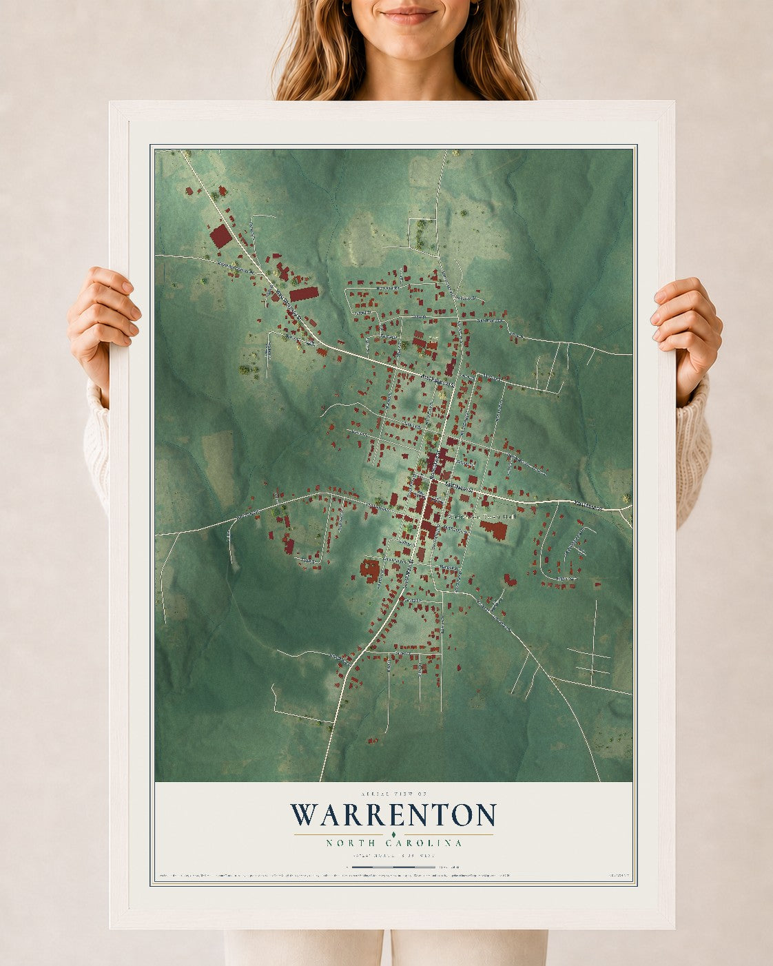 Map of Warrenton, North Carolina, 24 x 36 inch print in a white wood frame