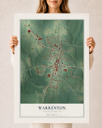 Map of Warrenton, North Carolina, 24 x 36 inch print in a white wood frame