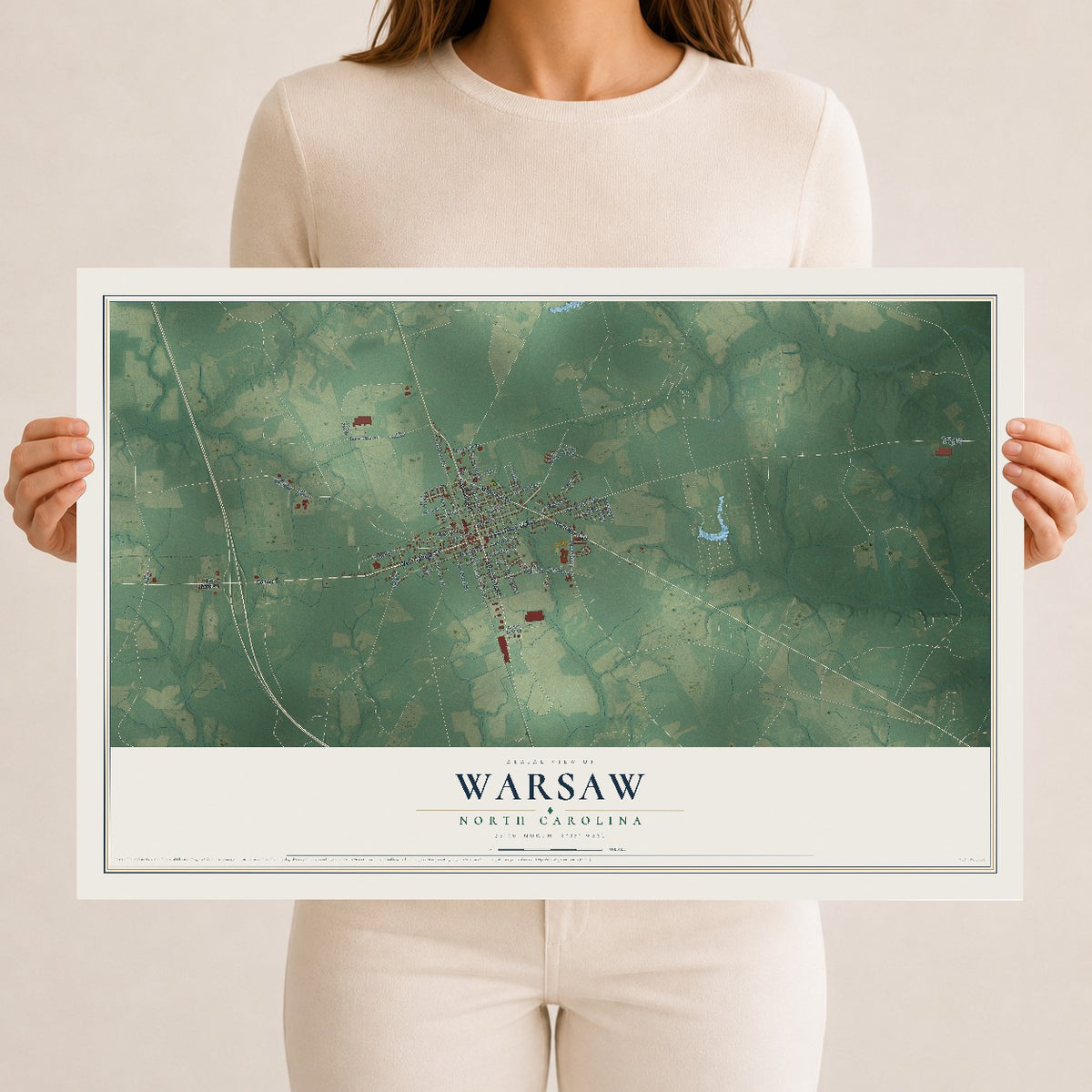 Map of Warsaw, North Carolina, 12 x 18 inch unframed archival matte print