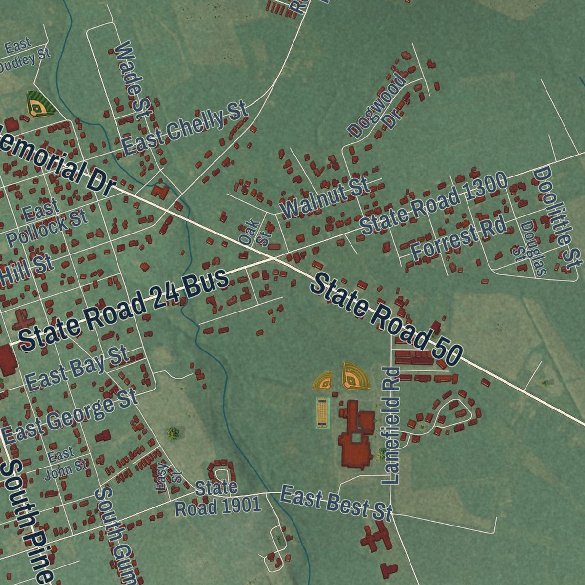 Close-up of the map of Warsaw, North Carolina print showing street and building detail