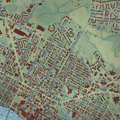 Close-up of the map of Washington, North Carolina print showing street and building detail