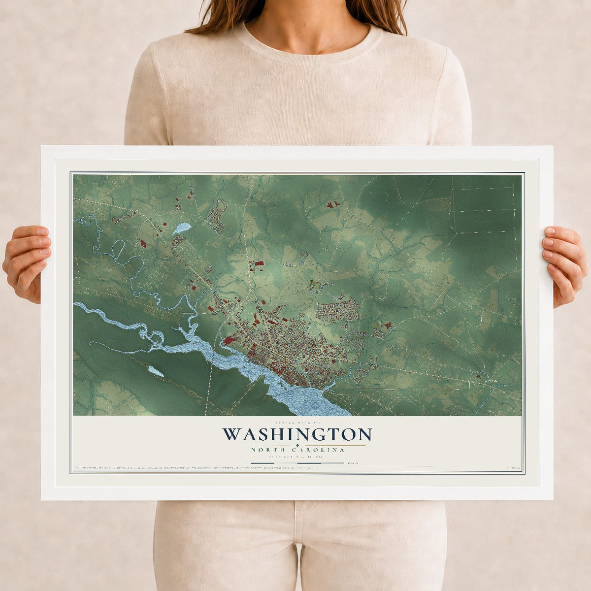 Map of Washington, North Carolina, 12 x 18 inch print in a white wood frame