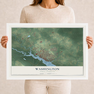 Map of Washington, North Carolina, 12 x 18 inch print in a white wood frame