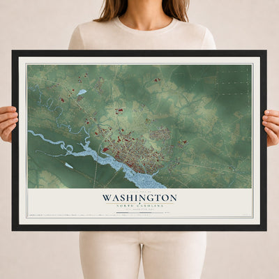 Map of Washington, North Carolina, 18 x 24 inch print in a black wood frame