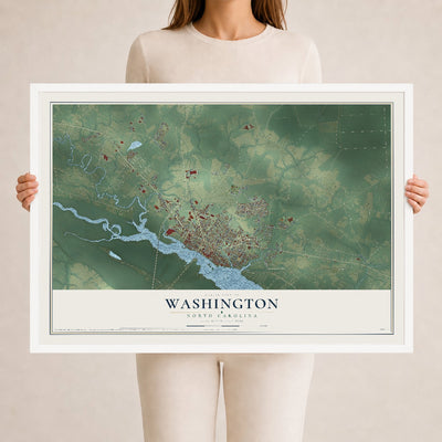 Map of Washington, North Carolina, 24 x 36 inch print in a white wood frame