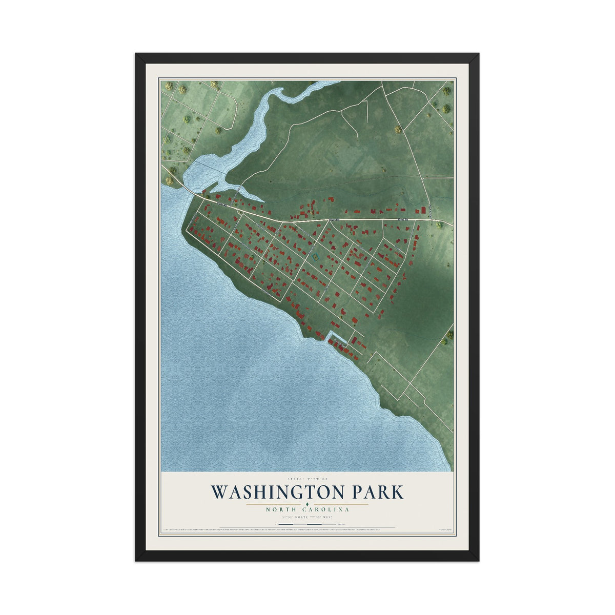 Map of Washington Park, North Carolina, 12 x 18 inch print in a black wood frame