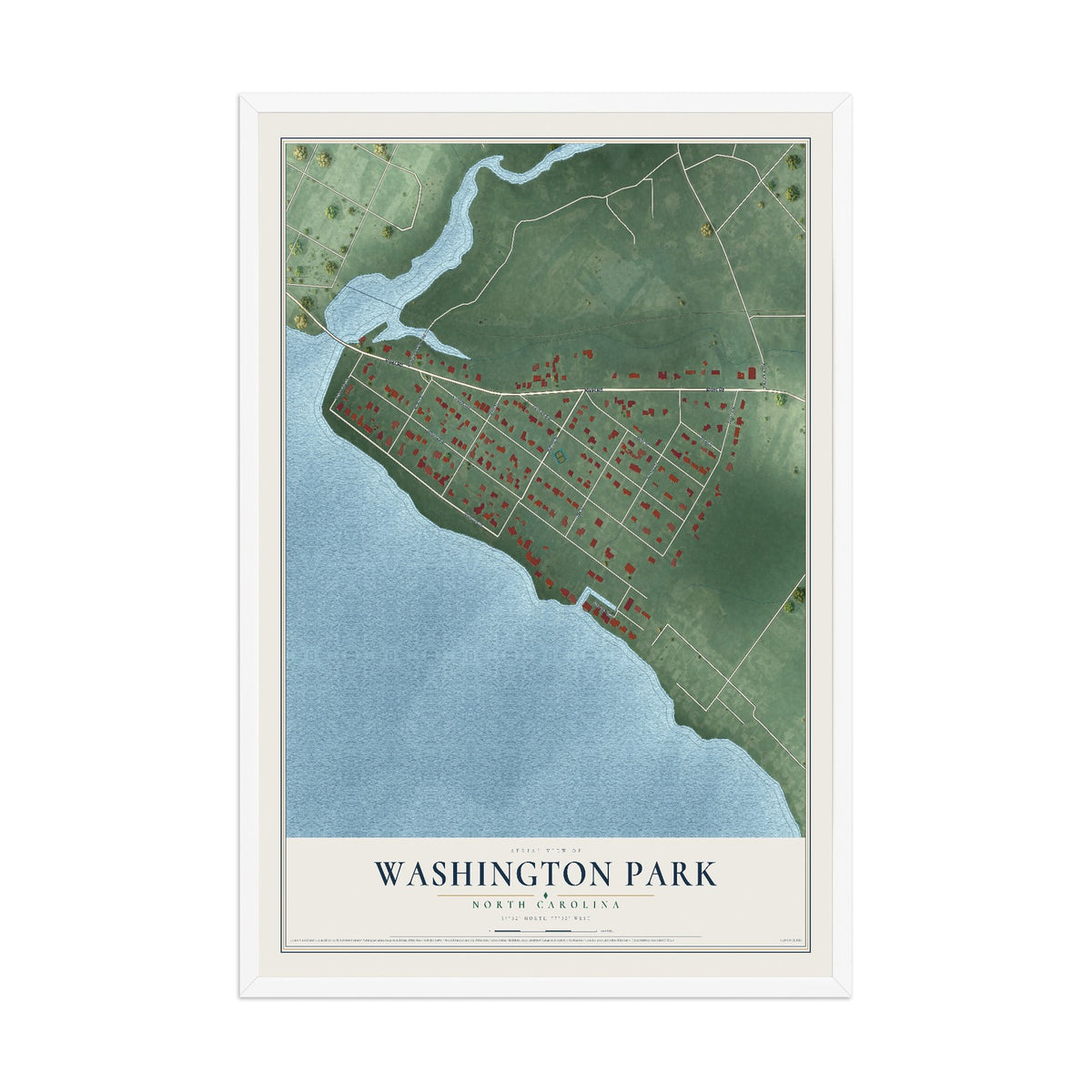 Map of Washington Park, North Carolina, 12 x 18 inch print in a white wood frame
