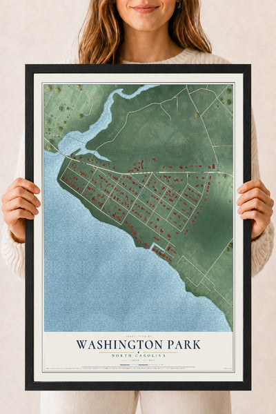 Map of Washington Park, North Carolina, 18 x 24 inch print in a black wood frame
