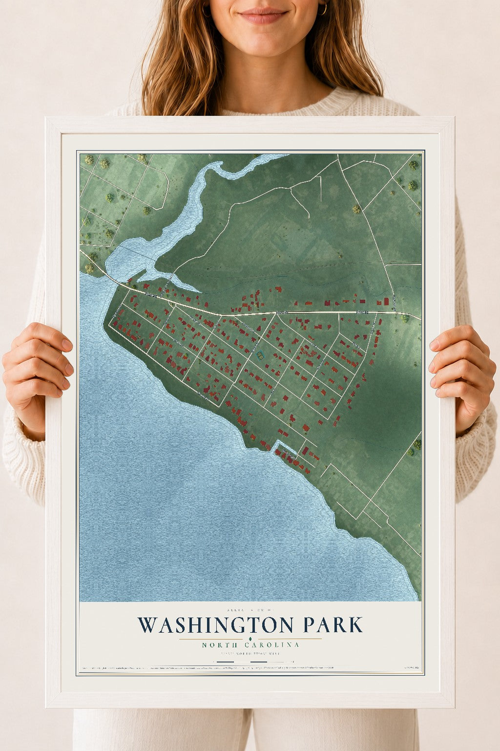 Map of Washington Park, North Carolina, 18 x 24 inch print in a white wood frame